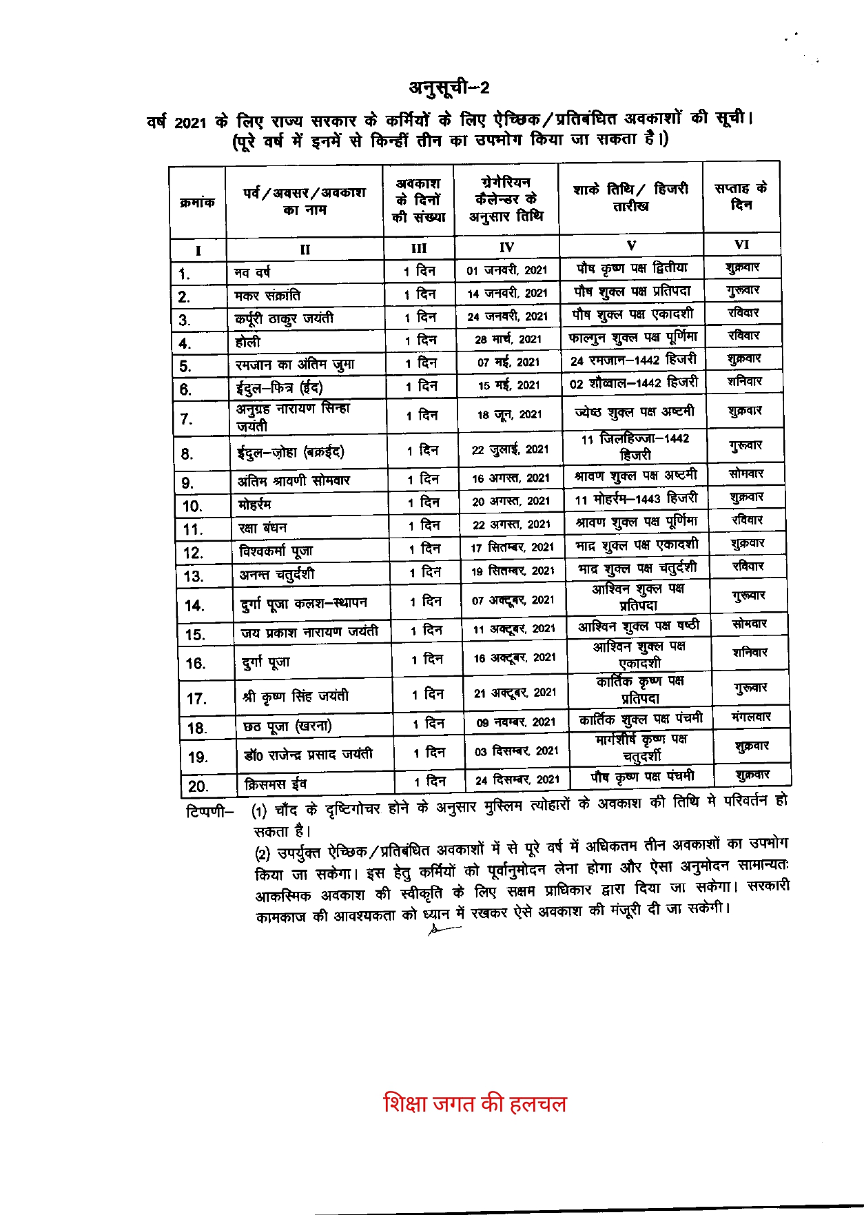 Bihar Government Calendar 2021
